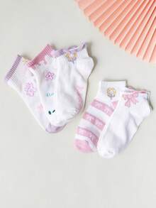 4双装女士蝴蝶结踝袜，柔软透气，可爱卡通图案，适合作为情人节礼物，春夏皆宜。 - 彩色 - 查看 2