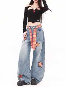 Quần jeans ống rộng rách họa tiết ngôi sao dành cho nữ (kèm thắt lưng) - Màu xanh lam - Xem 8