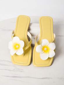 1双女士户外平底凉鞋，夏季款式，珍珠装饰，芙蓉花图案，露趾黄色度假拖鞋，百搭简约花卉人字拖凉鞋 - 黃色 - 查看 4