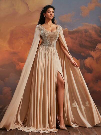  Vestido de noite elegante feminino VIPGIRL na cor champanhe com lantejoulas e tule.