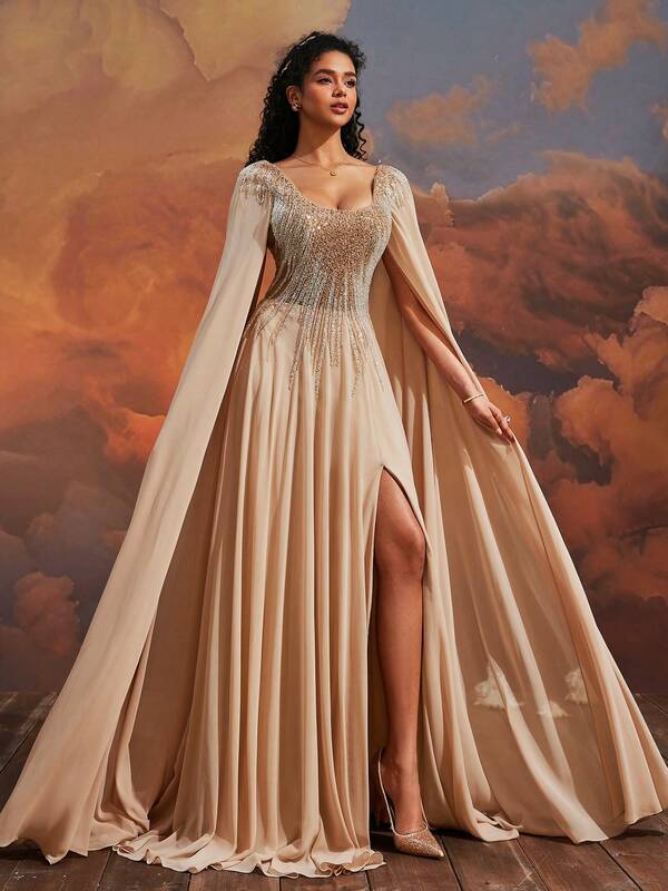  Vestido de noche elegante de mujer con malla de lentejuelas color champán VIPGIRL