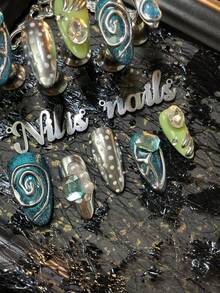 10pcs Almonds Nail Acrylic Kit, Blue&Silver&Green Nails, Blue Cat Eyes,3D Stereo Pearl&Diamond Nail Accessories Decoration,Colorful Nail Gems,Handmade Chrome Nails Powder&Polka Dot Nails,Y2k Style Nail Art Set,Suitable For Women And Girl To Festivals,Daily, Gatherings,Parties Use,Comes With 1 Mini Nail File And 1Double-Sided Adhesive Label Nail Stuff - Multicolor - View 6