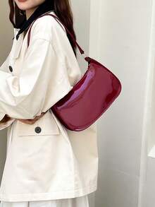 Women's Simple Solid Color Shoulder Bag, Casual Everyday Style, Fashionable Burgundy Color. , Burgundy Bag - 酒紅色 - 查看 7