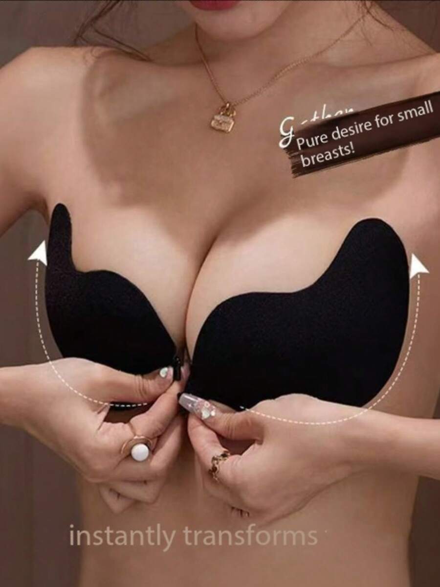 女士无肩带隐形聚拢文胸，隐形无背带乳贴 - 黑色 - 查看 1