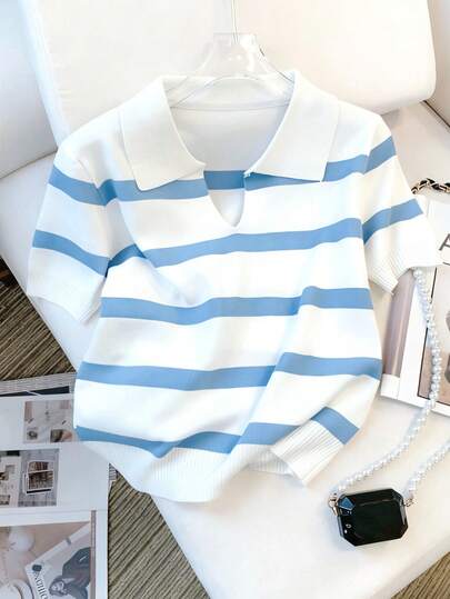 Polo Collar Striped Short Sleeve T-Shirt For Women, New Summer Knit Top With Striped Contrast Rib, Beach Wear