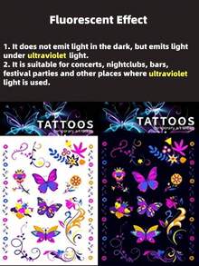 10张夜光纹身贴纸，防水防紫外线霓虹面部纹身，黑暗中发光临时纹身，身体贴纸，派对礼品用品，音乐节必备，情人节用品 - 彩色 - 查看 5