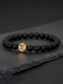 1件男士石珠手链导航指南针手链手工串珠饰品 - 金色 - 查看 4