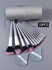 15pcs High-Quality Makeup Brush Set - Soft Blush Brush, Powder Brush, Contour Brush, Eyeshadow Brush, Eyeliner Brush + Flocked Makeup Sponges + Large Capacity Storage Bucket