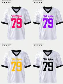 تي شيرت نسائي مخطط بألوان متباينة. يمكن التخصيص بخطوط مرحة وأرقام ورقم اللاعب والأرقام الحظية وأسماء اللاعبين وأسماء العائلة والتواريخ، أي شيء يمكن تخصيصه - أبيض وأسود - مشاهدة 3