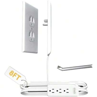 Sleek Socket Cubierta de salida eléctrica ultradelgada a prueba de niños con regleta de alimentación de 3 salidas y kit de cubierta de cable protector, 8 pies, tamaño universal
