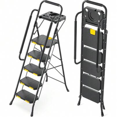 5 Step Ladder With Tool Platform Folding Step Stool With Handrails Sturdy Steel Ladder With Wide Pedal 330 LBS Portable Safety For Adults Painting Home Outdoor Garage