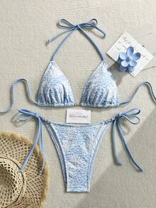 2026 New Fashionable & Elegant Women's Bikini Swimwear 2-Piece Set, Textured Fabric, Suitable For Spring/Summer, Vacation, Date, Pool Party Beach - White Flowers On Blue Background - View 2