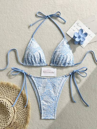 Set de 2 piezas Bikini sexy con escote halter para mujeres, traje de baño con diseño de jacquard y lazos, con espalda descubierta
