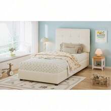 Lit de grande taille pour enfant sécurisé, design biscuit – Avec tête de lit douillette, barrières en mousse anti-choc, construction composite – 90x200 cm, couleur beige (Vendu sans matelas) - défaut - Voir 7