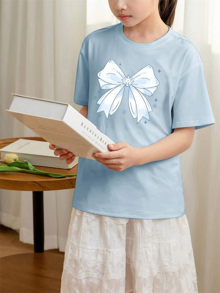 少女学生休闲印花白色圆领短袖T恤，夏季上衣 - 淺藍色 - 查看 2