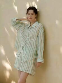Women's Casual Elegant Asymmetrical Green Striped Shirt And Shorts Set, Fashion Loungewear Spring - Green - View 2