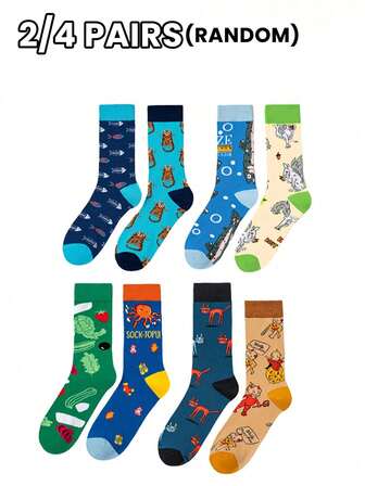 2/4 Pairs Assorted Fashionable Versatile Creative Asymmetric High-Top Socks, Patterns Include Cartoon Animals, Tools And Figures