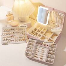 JewelryStorageBoxLEDMirror LED 紧凑型多功能 3 色可调节化妆镜和珠宝盒组合，照亮您的美丽，防水、防尘，适用于化妆品、耳环、戒指和珠宝收纳，阳光旅行凉爽返校