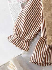 2pcs Baby Girls Striped Patchwork Crew Neck Long Sleeve Top And Denim Long Pants Outfit, Fashionable And Versatile For Outings - Apricot - View 5