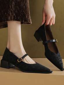 女士复古玛丽珍单带皮鞋；新款时尚尖头粗跟低帮女鞋，秋季必备 - 黑色 - 查看 6