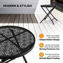 Black 18 Inch Folding Metal Steel Patio Side Table - Round Outdoor Coffee Table With Flower Cutouts For Yard Balcony Garden Use - 預設 - 查看 2