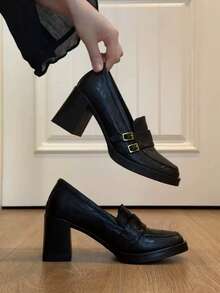 8cm Platform Chunky Heel Loafers | Retro Soft Leather High Heel Shoes, British Style Slip-On Leather Shoes - Black - View 4