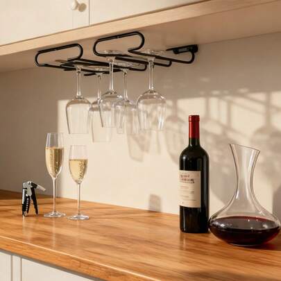 1 Stück modischer schwarzer Metall-Weinglas-Halter zum Aufhängen, Becherhalter für unter den Schrank, geeignet für Zuhause, Küche, kleine Cafés, auch ein ideales Geschenk für Feiertage (Ostern, Frühling) - einfaches und glattes Design, robuste Struktur, perfekt zum Aufbewahren von Weingläsern mit Stiel/Champagnerflöten, unverzichtbares Element für eine aufgeräumte Umgebung, ideales Geschenk für Café-Besitzer