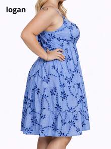 Plus Size Floral Foliage Print Dress With Adjustable Straps And Ruffles - COR D - View 4