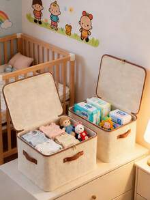1pc Fabric Storage Bin With Lid For Nursery, Stackable Wardrobe Organizer Basket With Handle, Foldable Polyester Cube Storage Rack, Decorative Storage Box For Home, Closet, Wardrobe, Bedroom - Multicolor - View 1