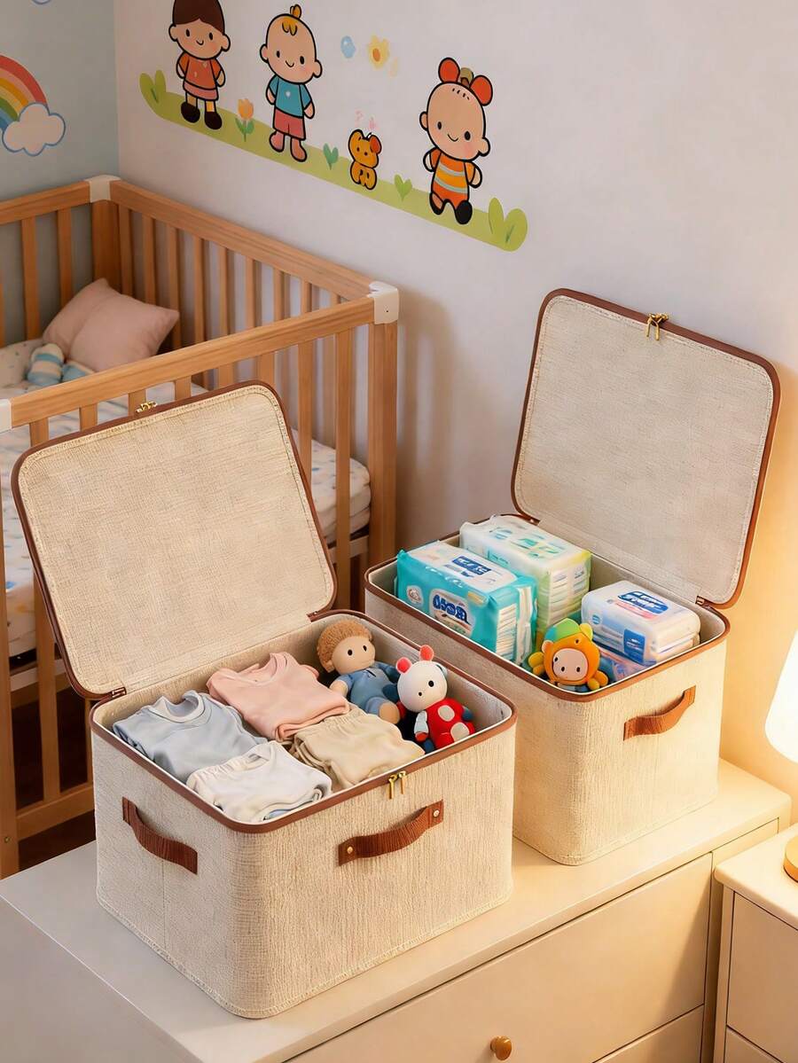 1pc Fabric Storage Bin With Lid For Nursery, Stackable Wardrobe Organizer Basket With Handle, Foldable Polyester Cube Storage Rack, Decorative Storage Box For Home, Closet, Wardrobe, Bedroom - Multicolor - View 1