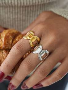 2枚/1枚女士粗款几何18k镀金不锈钢戒指，厚实叠戴戒指，简约时尚饰品 - 彩色 - 查看 3