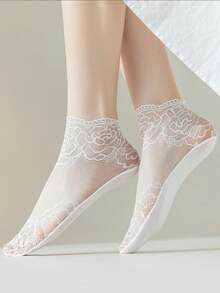 5 Pairs Summer Woman Lace Flower Hollow Out Hosiery Breathable Cool Tulle Transparent Invisible Ruffle Socks Ladies - Multicolor - View 4