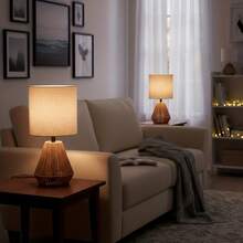 KUNJOULAM Rattan Table Lamp, Small Nightstand Lamp With Linen Fabric Lampshade, Desk Lamp For Living Room Home Office - View 7