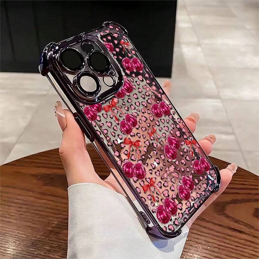 1pcs Pink Cherry Leopard Print Phone Case Compatible with Apple Phone17 16 15 14 13 12 11 ProMax Antidrop Phone Case Camera Protection Phone Case Girlish Style Funky Popular Cute Fashion Can Be Given To Friends Can Be Given To A Lover - Morado - Ver 1