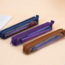 1pc Retro Colorful Mini Mesh Pencil Case, Student Pencil Pouch, See-Through Stationery Bag, Portable Zipper Exam Bag, Stationery Storage Box, Minimalist Pencil Box, Back To School Supplies