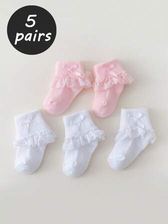 5 pares de calcetines cortos elásticos de 32 agujas con adorno de encaje para niñas bebé, calcetines de princesa con lazo de encaje, cómodos y elegantes para primavera/verano