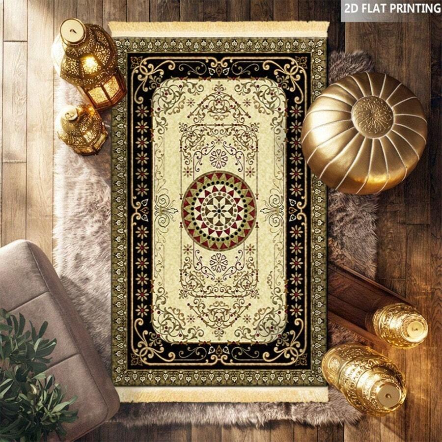 1 件红色背景卷轴图案装饰垫，采用经典的红色底色，饰以蓝色和白色卷轴花卉图案，融合了波斯复杂的设计和艺术装饰美学，色调丰富而庄严，适合营造神圣的仪式氛围。