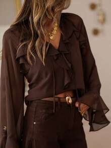 Women's Elegant Design Long Sleeve Shirt, Ruffled Collar, Pleated Front, Drawstring Cuffs, Lightweight Drape Fabric, Suitable For Business, Casual, Office, Daily, Airport, Single Party, Holiday Wear, Spring/Summer - Coffee Brown - View 4