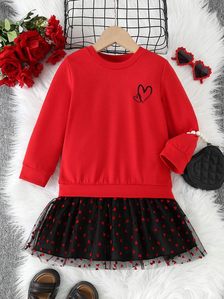 Váy dài tay cổ tròn in hình trái tim, viền lưới nhung dành cho bé gái ngày lễ tình nhân - Đỏ - Xem 1