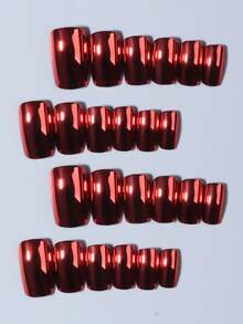 24片/套 Y2K风格魔幻酒红色金属铬闪亮按压式美甲贴片，短款方形全息酒红色美人鱼镜面闪粉珍珠极光人造假指甲，包含1片果冻胶和1个指甲锉，易于佩戴，打造闪亮指尖，适合派对、舞蹈和日常佩戴。 - 彩色 - 查看 3