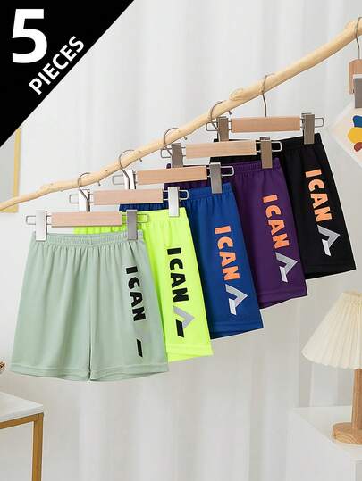 5pcs Boys' Sports Shorts, Lightweight Outdoor Running Shorts With English Print & Mesh, Suitable For Ages 4-12, Summer