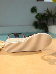 新款春夏海滩度假风优雅休闲手工编织绳底拼接鞋头舒适百搭坡跟户外必备经典系带凉鞋，女士 - 黑色 - 查看 10