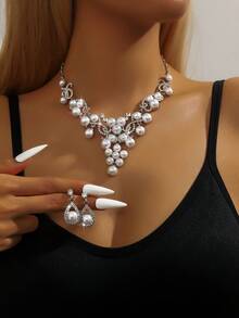 3件套仿珍珠花卉婚礼首饰套装 - 项链和耳环，适合正式场合，新娘配饰 - 80854301 - 查看 14