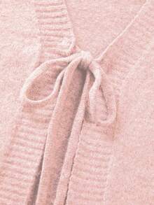 FOR BEAUTY 复古V领系带长袖针织开衫，时尚简约百搭，宽松版型毛衣开衫，女士秋季/新年必备 - 淺粉 - 查看 8