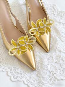 1对可拆卸3D花朵鞋夹，镶钻彩色水晶金色鞋饰