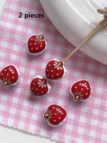 2 Pieces [Strawberry Story] Hand Drawn 3D Double-Sided Strawberry Beads DIY Handmade Bracelet Necklace Bead Material - Multicolor - View 7