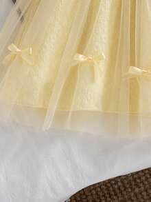 Girls' Casual Solid Color Sleeveless Knee-Length Dress With Bow Decor And Mesh Hem Design, Suitable For Spring/Summer - Yellow - View 7