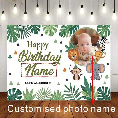 Customizable Photo Name Cartoon Jungle Animal Happy Birthday Theme Backdrop Personalized Customization Information Ideal For Jungle Animal Theme Birthday Parties Cake Smash Background Decor Photography Banner Vinyl
