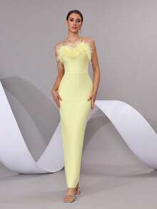 Modphy 仿羽毛性感无肩带露背紧身绷带长裙，优雅女士正式晚礼服，适合婚礼、派对、伴娘等场合，春季款 - 黃色 - 查看 2