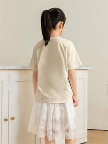 Tween Girls' Casual Apricot Colored Graphic Print Crew Neck Short Sleeve T-Shirt, Summer Top - Apricot - View 3